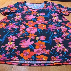 LuLaRoe Perfect Tee, Floral Pink, Orange, and Blue on black background.